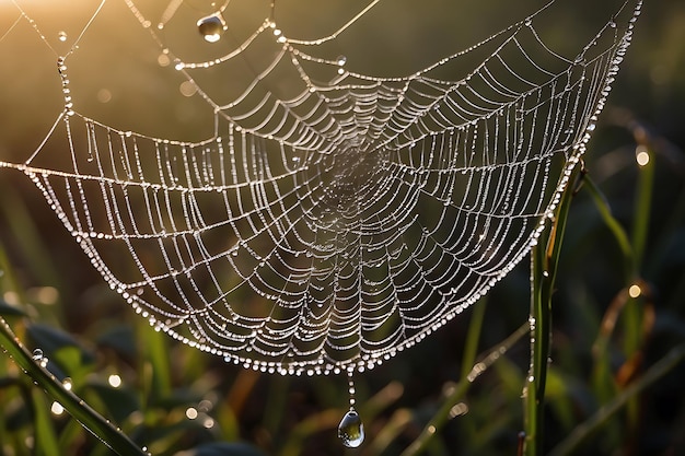 Intricate beauty of dewdrops clinging to spider webs in the early morning light