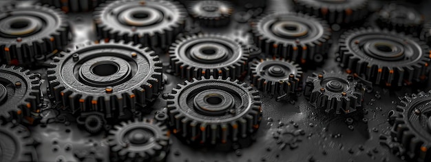 Intricate Black Machine Gears and Cogs with Water Drops in High Detail