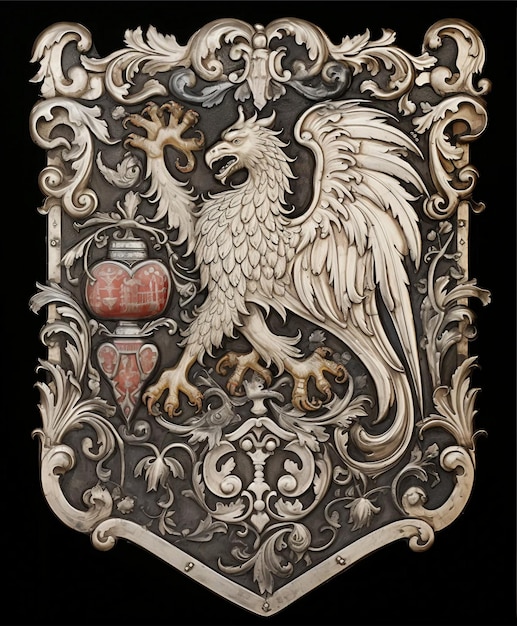 Photo intricate black and white coat of arms featuring a powerful eagle with spread wings