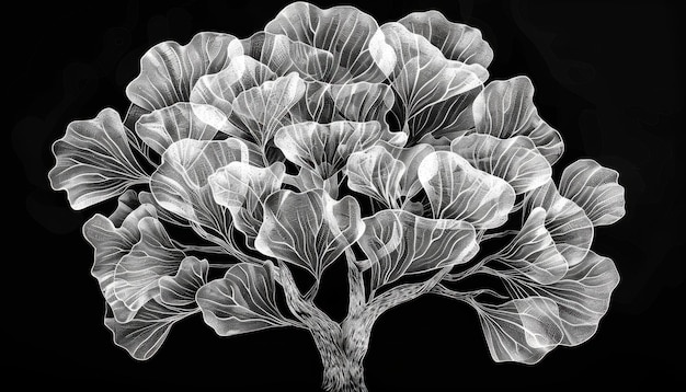 Photo intricate black and white illustration of a ginkgo tree with swirling leaves and detailed branches