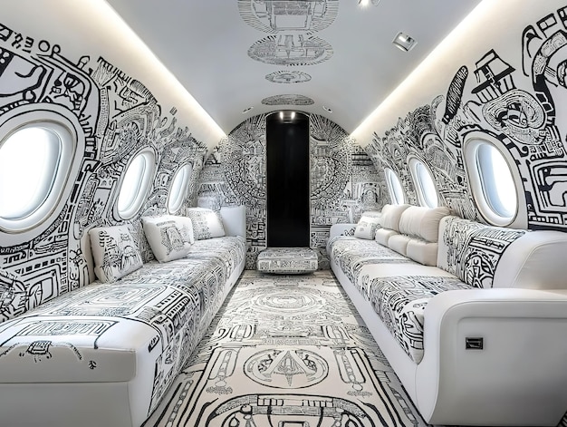 Photo intricate black and white patterns cover the walls and seating in this luxurious private jet cabin