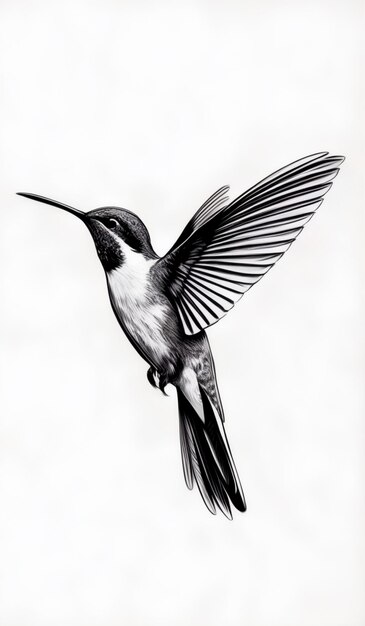 An intricate black and white sketch of a hummingbird in flight