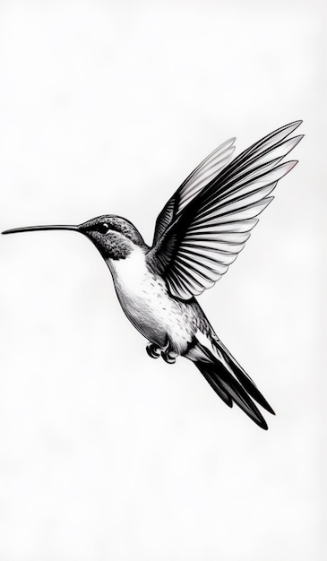 An intricate black and white sketch of a hummingbird in flight