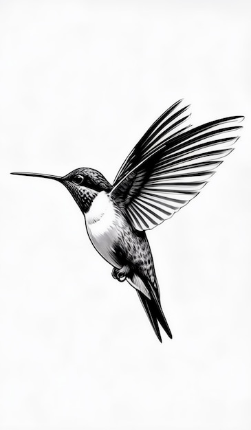 An intricate black and white sketch of a hummingbird in flight