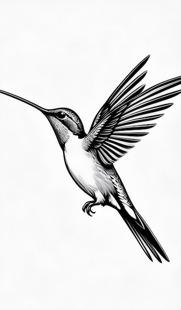 Photo an intricate black and white sketch of a hummingbird in flight