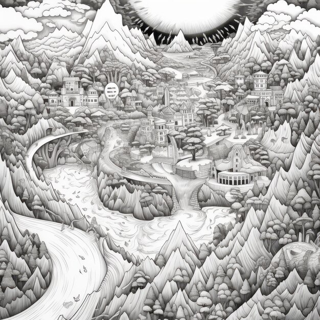 An intricate blackandwhite illustration depicting a mountainous landscape with a winding river