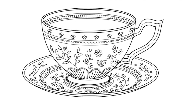 Intricate BlackandWhite Teacup Outline Elegant Patterns with Swirling Vines Flowers and Lace