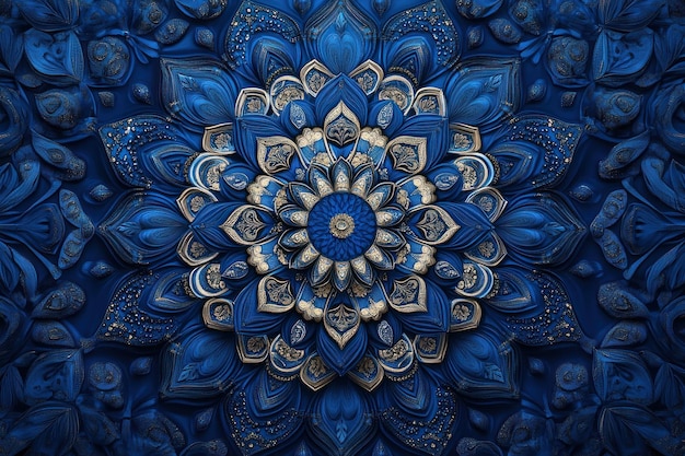 Photo intricate blue and gold mandala with 3d floral pattern