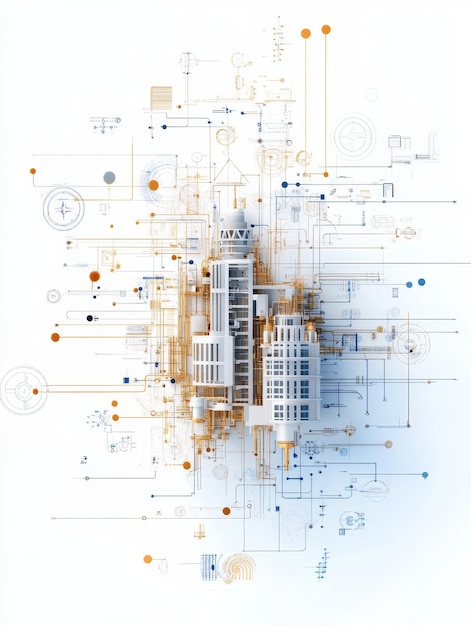 Photo intricate blueprint of a futuristic building with advanced drafting tools and tech