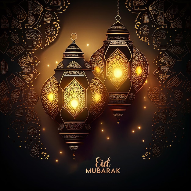 An intricate card with gold and black lamps and a dark background with eid mu mubarak