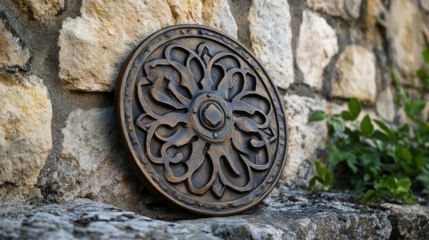 Photo intricate carved wooden shield against stone wall a beautifully carved wooden shield with int