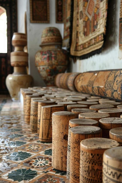 Intricate Carvings on Wooden Cylinders in a Moroccan Interior