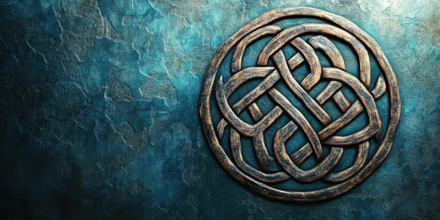 Photo intricate celtic knot design on a textured blue background symbolizing unity and eternity in artistic representation