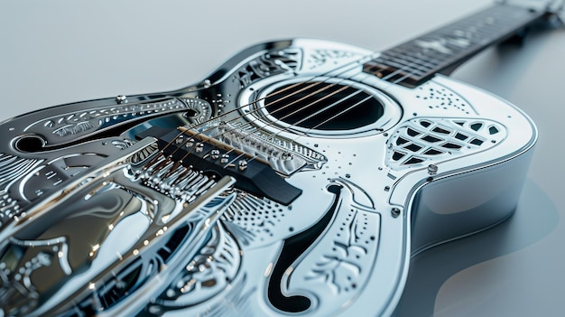 Photo intricate chrome body resonator guitar showcased in modern indoor setting during afternoon light