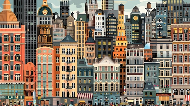 Intricate Cityscape with Vibrant Architecture and Geometric Designs