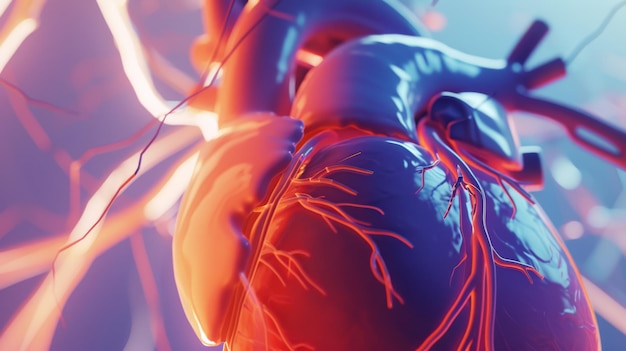 Photo an intricate closeup of a human heart illuminated with vibrant colors showcasing the complex network of arteries and veins