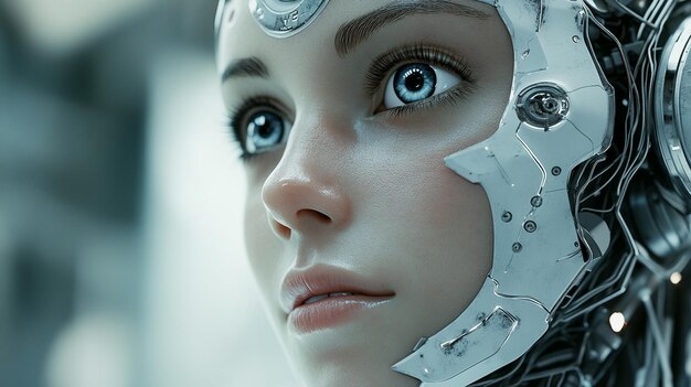 Intricate CloseUp Portrait of a Female Robot Showcasing Advanced Technology for Future Applications