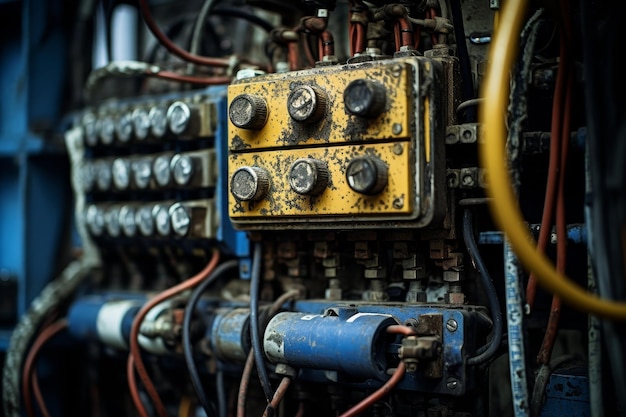 Photo an intricate closeup view of a fuse in an industrial setting surrounded by wires machinery