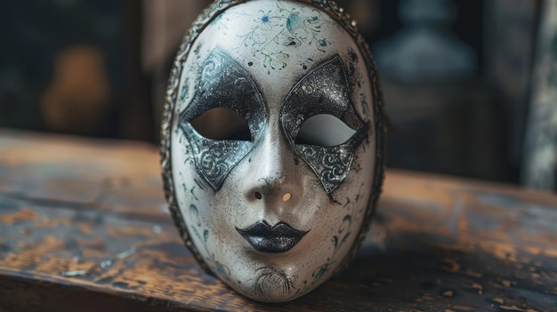 Photo intricate creepy mask on wooden table gothic haunting isolated on white background