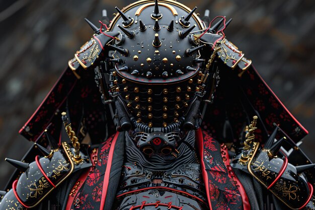 Intricate cybernetic warrior with elaborate helmet and redblack armor