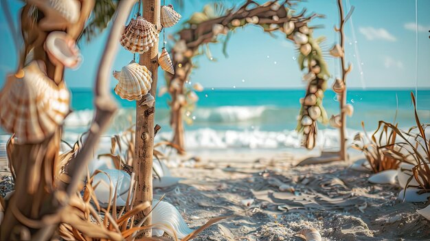 Photo the intricate details of coastal decor from driftwood centerpieces to seashelladorned arches with waves gently lapping at the shore in the background