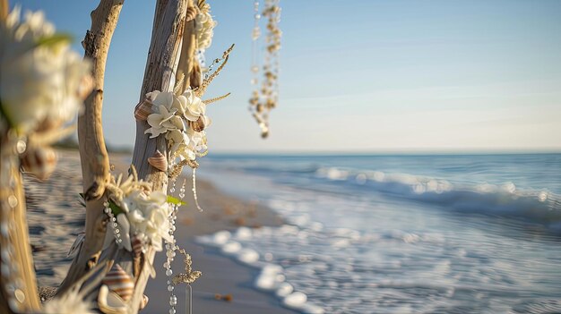 Photo the intricate details of coastal decor from driftwood centerpieces to seashelladorned arches with waves gently lapping at the shore in the background