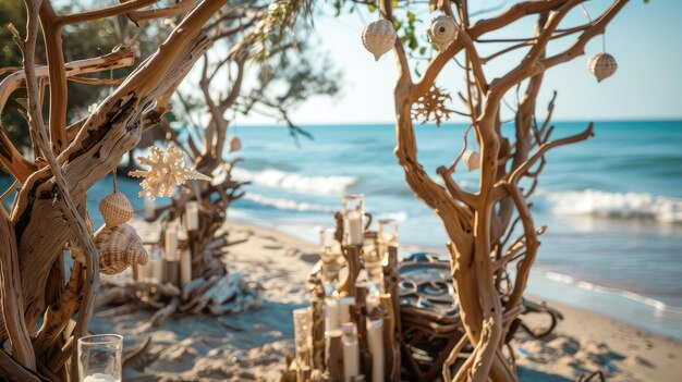 Photo the intricate details of coastal decor from driftwood centerpieces to seashelladorned arches with waves gently lapping at the shore in the background