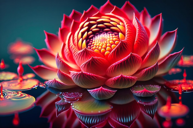 The intricate details of a red lotus in full bloom on a tranquil water surface make for a stunning work of art