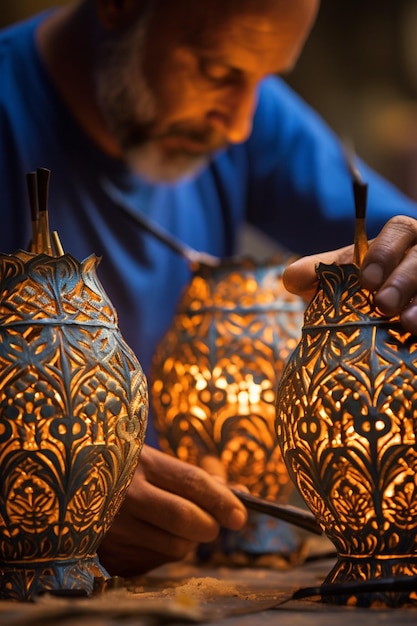 the intricate details of traditional Ramadan lanterns being crafted by an artisan