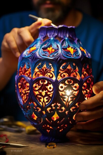 the intricate details of traditional Ramadan lanterns being crafted by an artisan