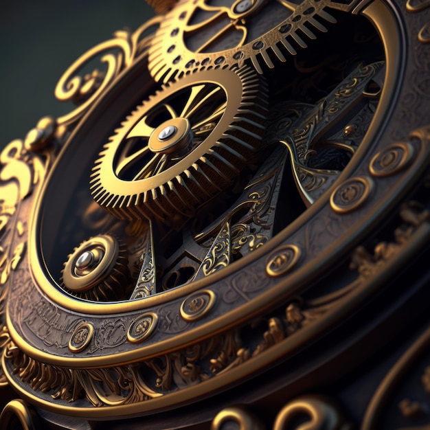 Photo intricate details of a vintage clock mechanism showcasing its brass gears and craftsmanship in an atmospheric setting