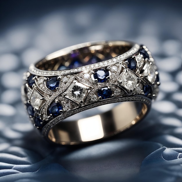 An intricate diamond ring with unique pattern of diamonds and sapphires set in a band of white gold