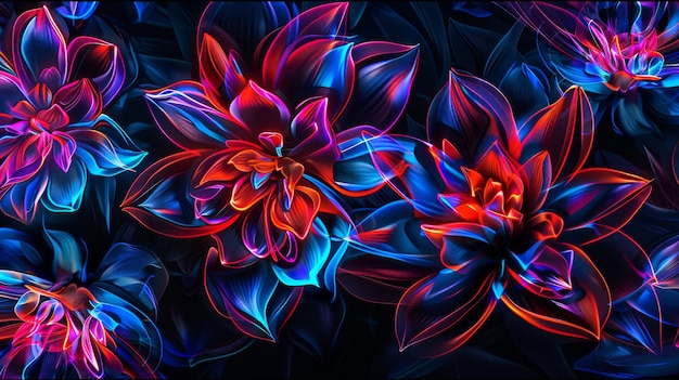 An intricate digital rendition of neonhued abstract flowers with vibrant glowing lines against a dark background evoking a sense of futuristic floral beauty