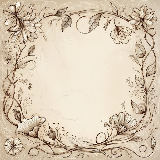 Intricate doodle floral frame with delicate handdrawn flowers and leaves minimal border vintage