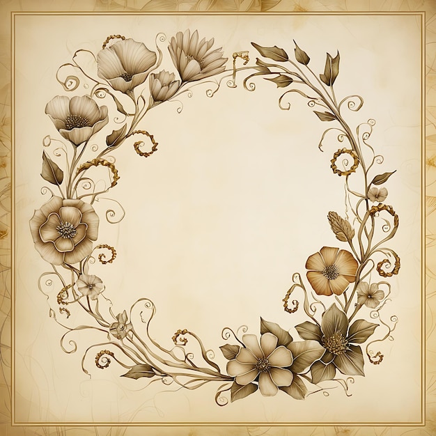 Intricate doodle floral frame with delicate handdrawn flowers and leaves minimal border vintage