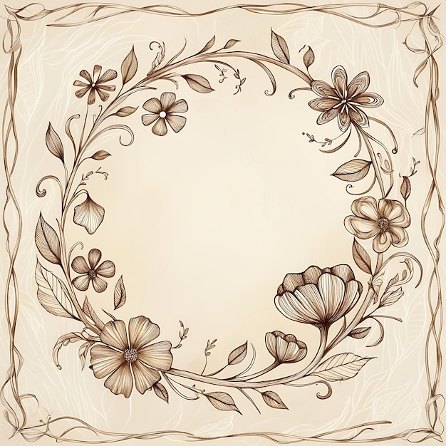 Intricate doodle floral frame with delicate handdrawn flowers and leaves minimal border vintage