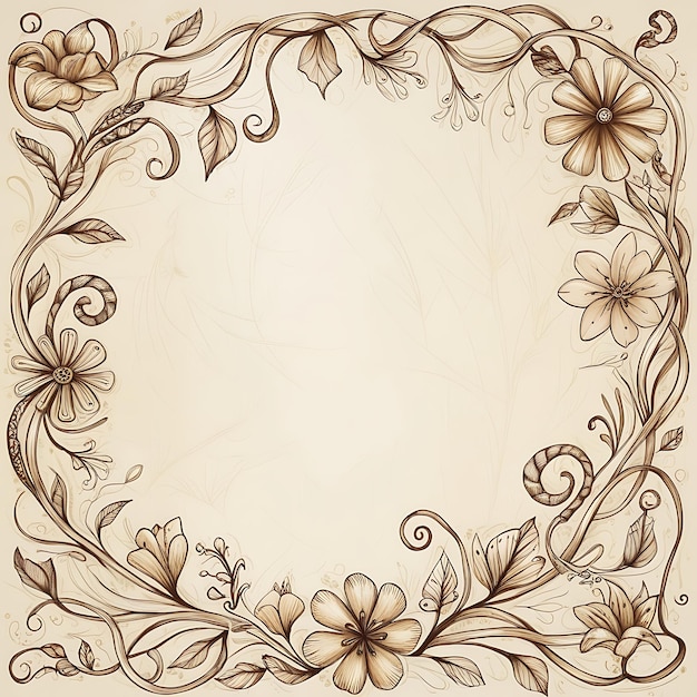 Intricate doodle floral frame with delicate handdrawn flowers and leaves minimal border vintage