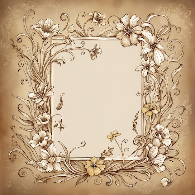 Intricate doodle floral frame with delicate handdrawn flowers and leaves minimal border vintage