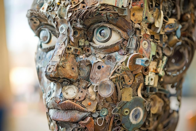 Photo intricate face sculpture made entirely from recycled materials shines with creativity transforming waste into breathtaking art that captures human essence