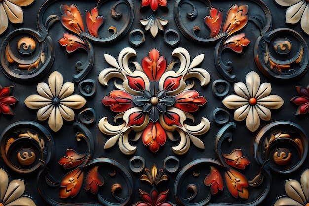 Intricate Floral Design Carved on Dark Background