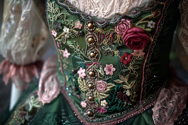 Photo intricate floral embroidery on a traditional dirndl dress the intricate details of a traditional dirndl dress with its beautiful embroidery and lace