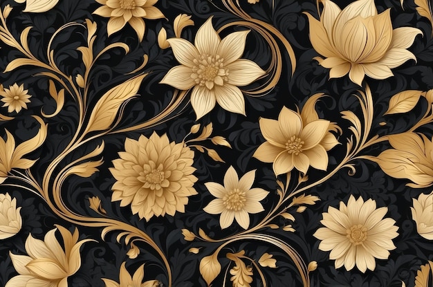 Intricate Floral Pattern Black and Gold Wallpaper