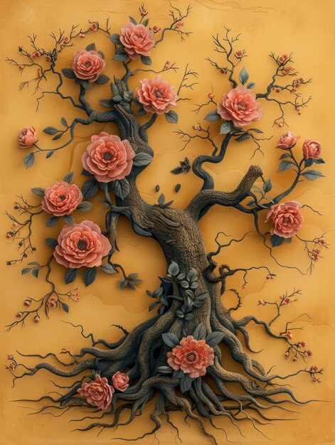 Intricate Floral Tree Sculpture on Golden Background for Artistic Decoration and Design Concepts