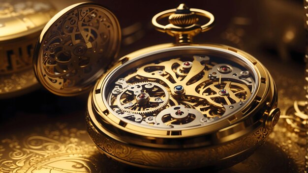 The intricate gears and mechanisms of a vintage pocket watch exposed and bathed in golden light