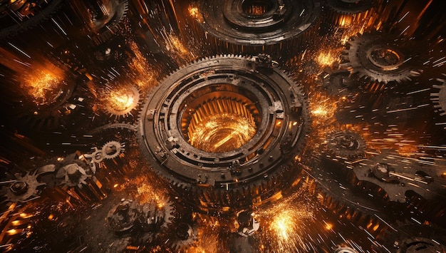 Photo intricate gears and sparks in a dark industrial setting