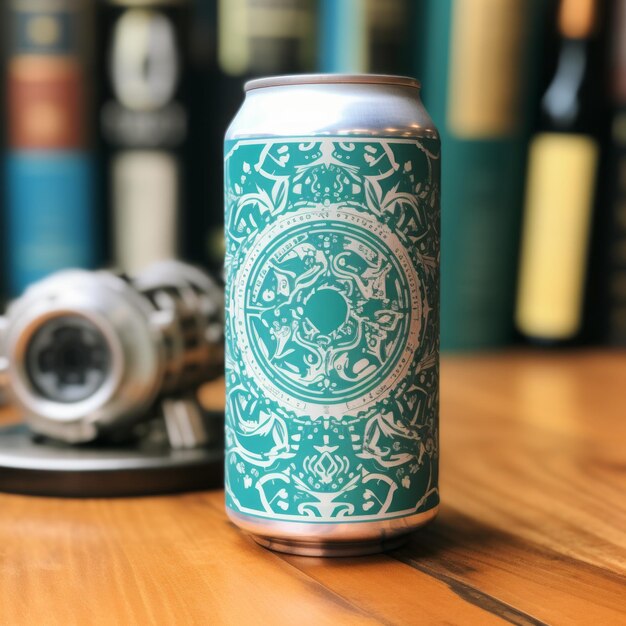 Photo intricate geometric designs a can of green beer by a bookcase