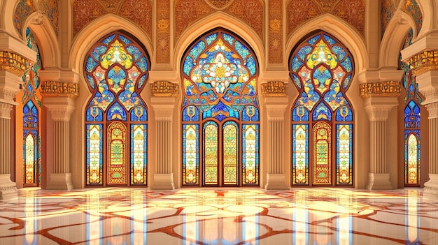 Photo intricate geometric patterns in a mosque interior with stained glass windows