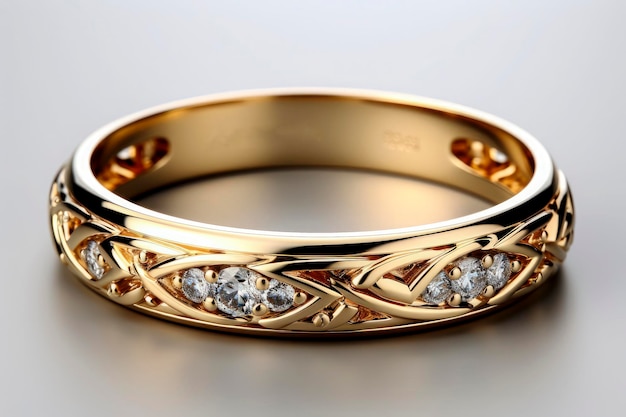 Intricate Gold Wedding Band on White Background