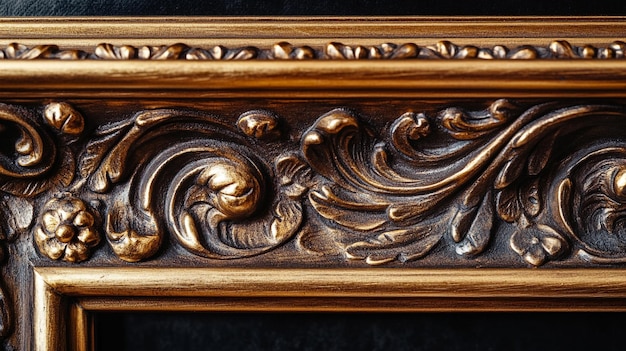 Photo intricate golden frame detail showcasing elegant floral and swirl patterns perfect for enhancing art