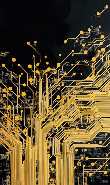 Photo intricate golden paths on a circuit board design resembling a cityscape at night